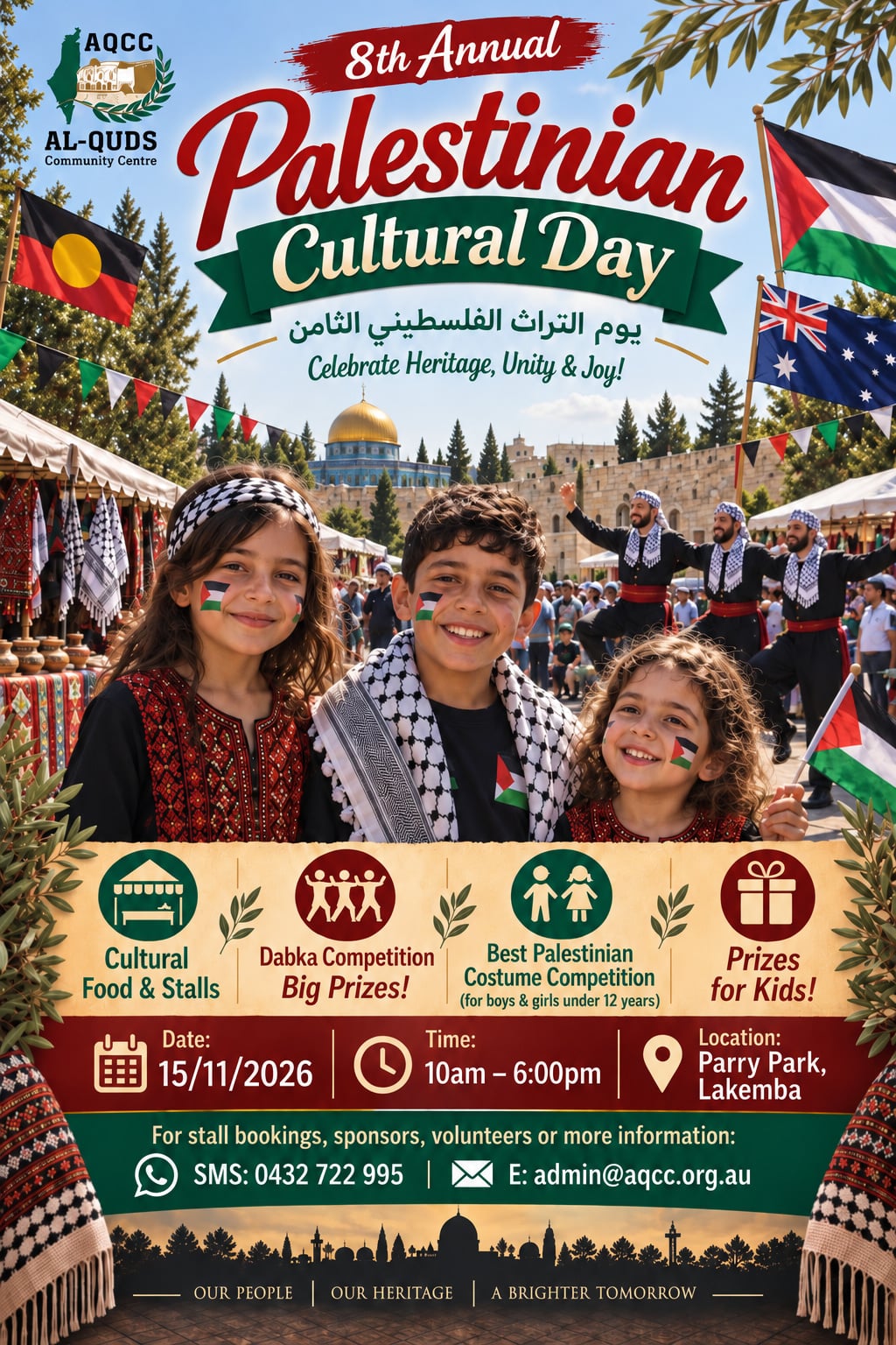 The 8th Annual Palestinian Cultural Day poster: Sunday 15 November 2026, 10am - 6pm, Parry Park, Lakemba. Cultural food and stalls, the Dabka competition, the Best Palestinian Costume Competition for boys and girls under 12, and prizes for kids.